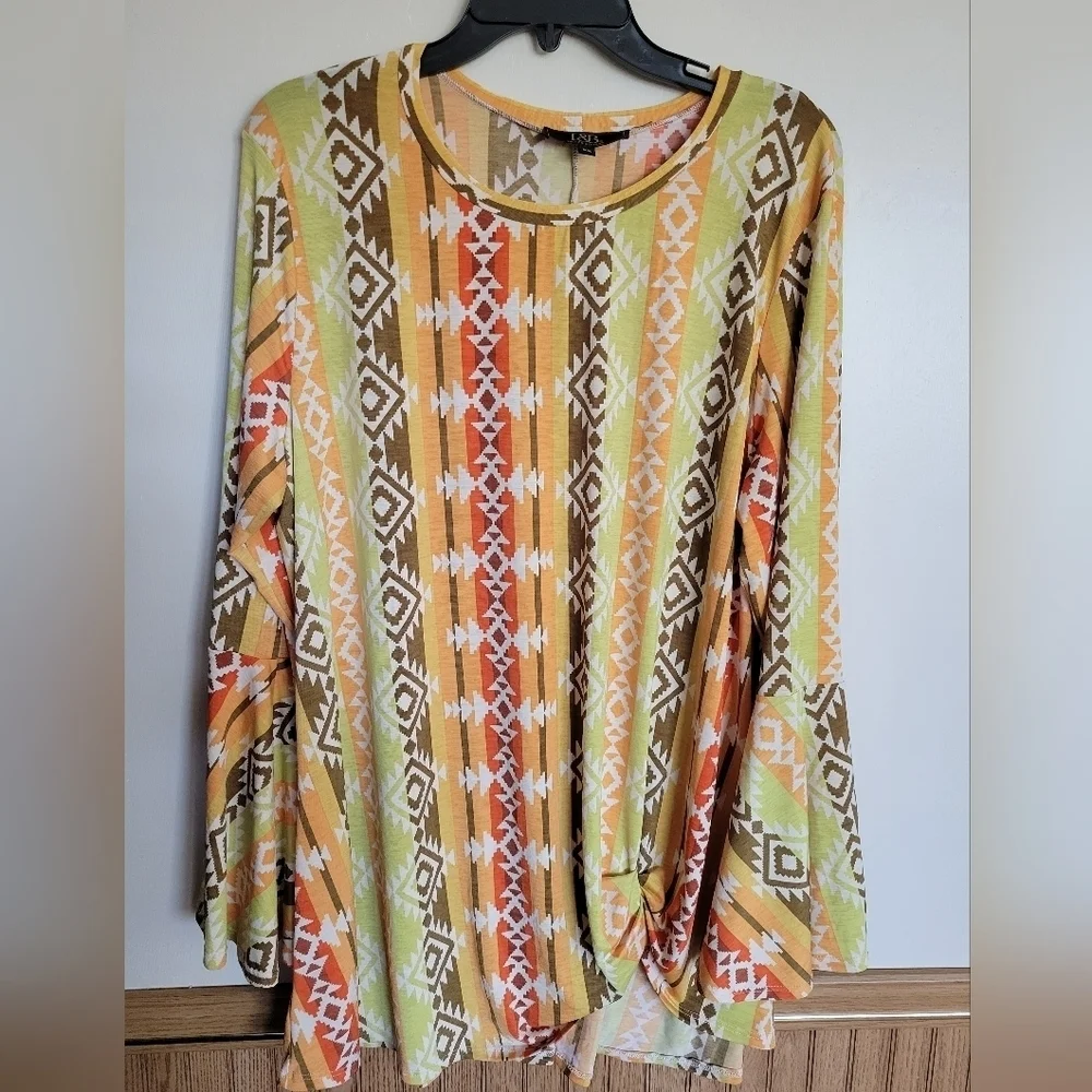 L&B Women's Southwestern Bell Sleeve Front Knot Flowy Blouse - Picture 4 of 7